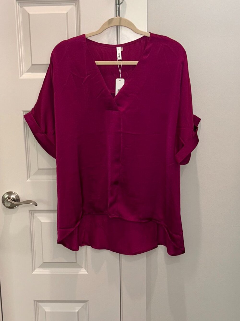 Glam Plum Short Sleeve V-neck High Low Hem Blouse